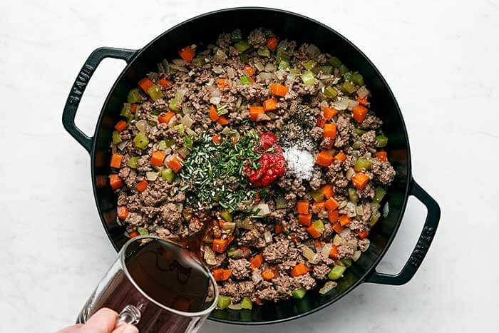Cooking cottage pie filling.