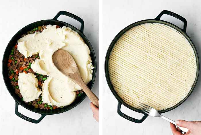 Adding mashed potatoes to cottage pie.