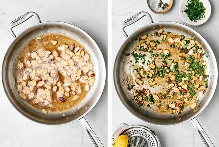 Cooking almondine topping in a pan.