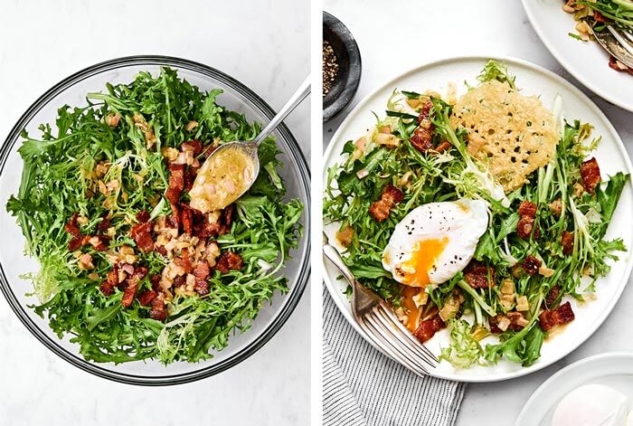 Making a salad lyonnaise in a bowl.