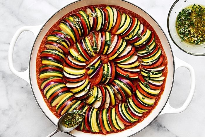 Ratatouille with a herb sauce.