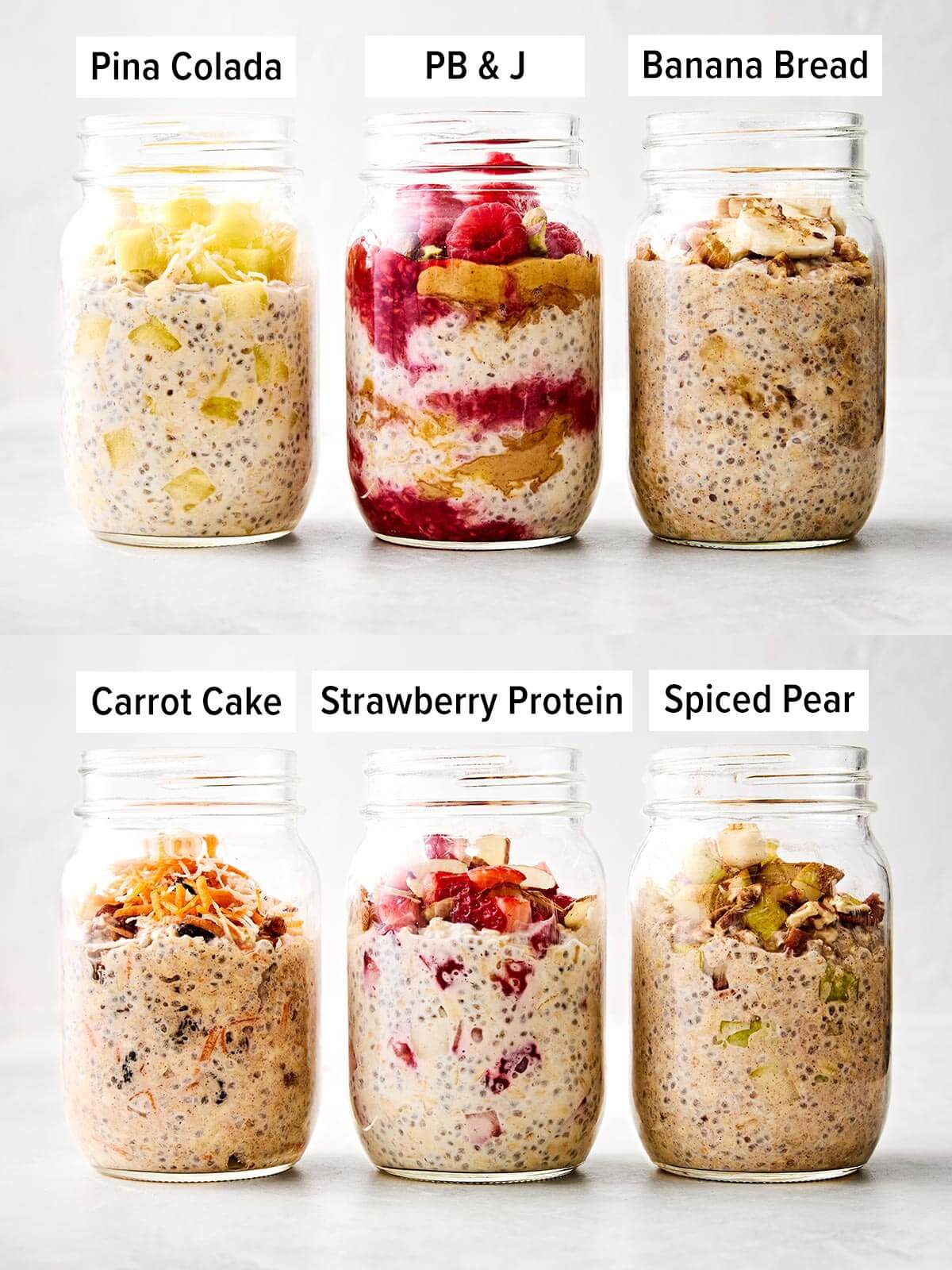 Learn how to make the perfect batch of overnight oats! This version is made with rolled oats, Greek yogurt, milk, chia seeds, and maple syrup for a deliciously ultra-creamy base. Plus, I'll show you how to make 6 different flavors using all the best fruits, including a strawberry protein flavor for an extra protein boost. Save this Downshiftology overnight oats recipe for inspiration when you're looking for an easy, healthy, no-cook breakfast meal prep. Different overnight oats flavors.