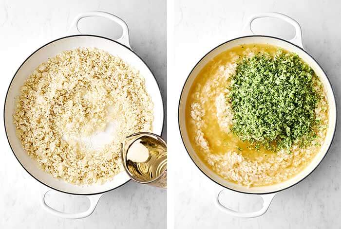 Cooking risotto in a pan.