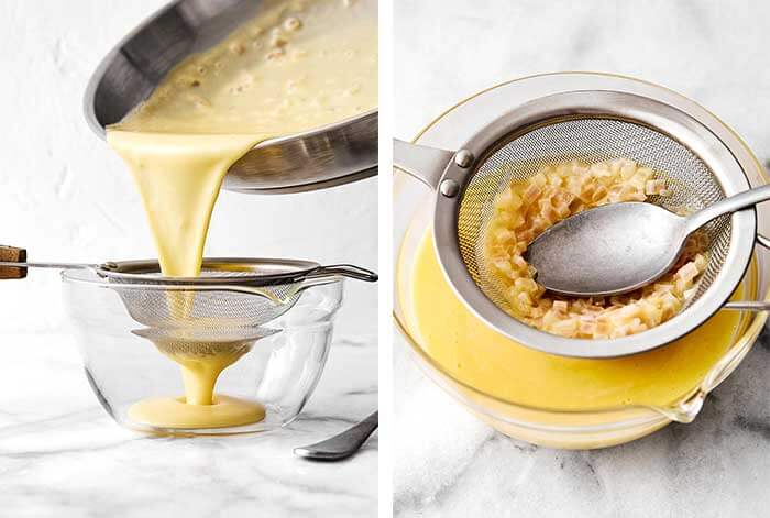 Straining beurre blanc through a strainer.