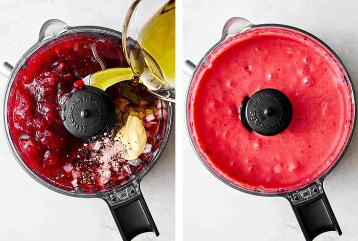 Cranberry vinaigrette blended in a food processor.