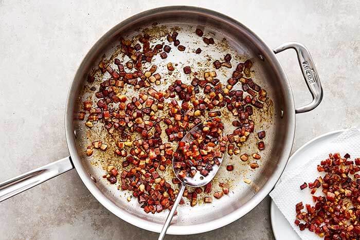 A pan with cooked pancetta.