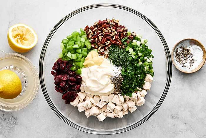 Ingredients for turkey salad in a bowl.