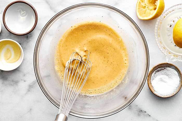 Whisked eggs in a bowl.
