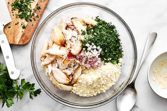 Crab cakes mixture in a bowl.