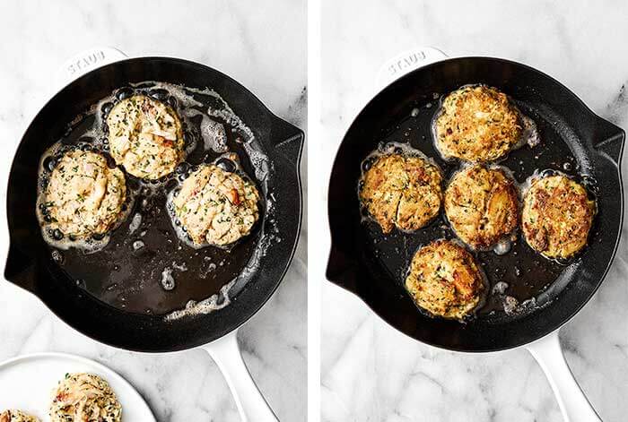 Pan frying crab cakes.