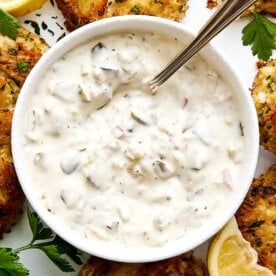 A bowl of fresh tartar sauce.