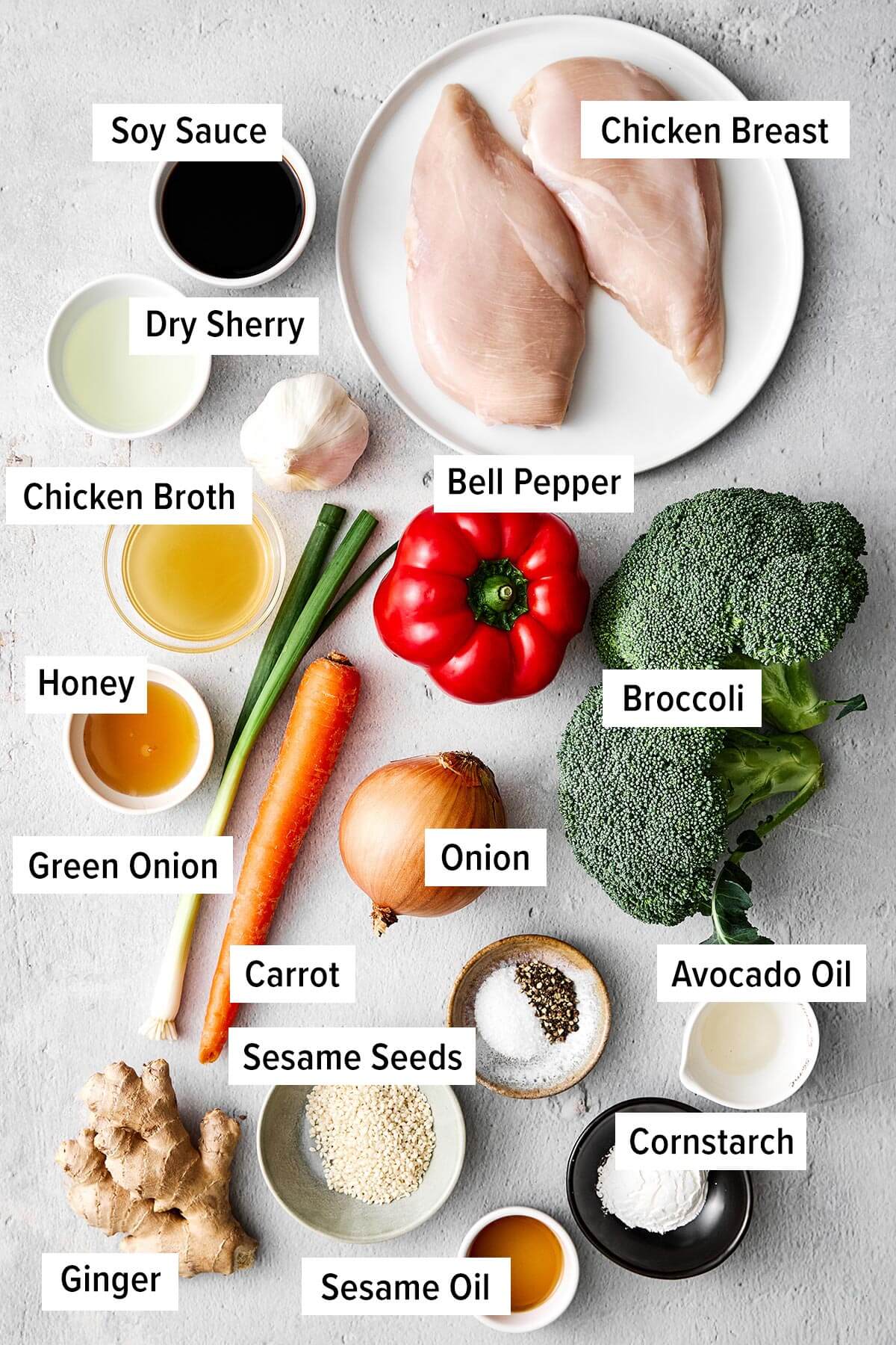 An easy, healthy chicken stir-fry dinner packed with flavor! It's got juicy chicken, loads of veggies, and the best savory-sweet sauce. Ingredients for chicken stir-fry.