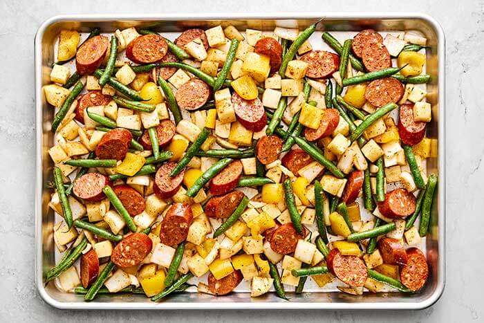 Prepping Cajun sheet pan.