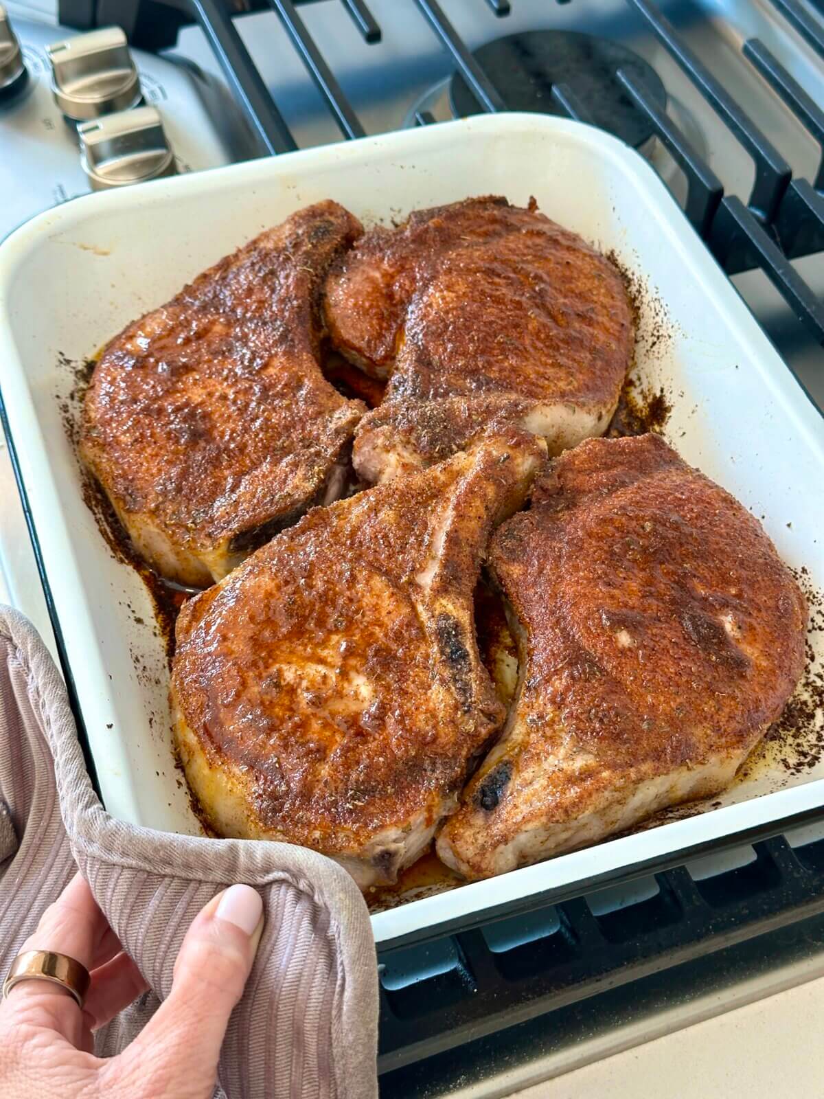 Recipe testing the baked pork chops in my kitchen.