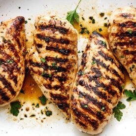 A plate of grilled chicken breasts.