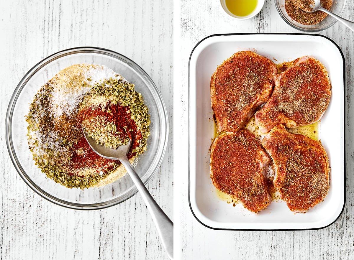 Seasoning pork chops.