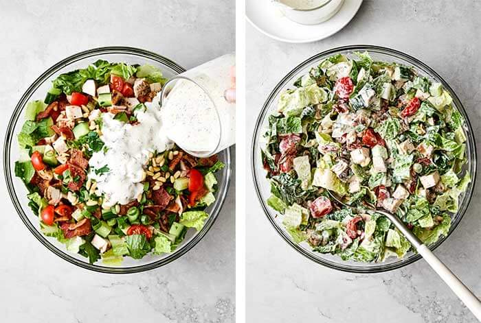 Mixing chicken bacon ranch chopped salad in a bowl.