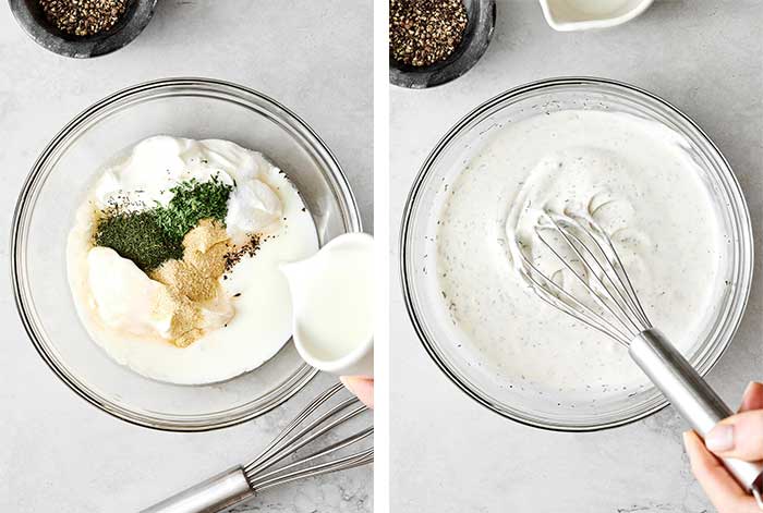 Mixing ranch dressing in a bowl.