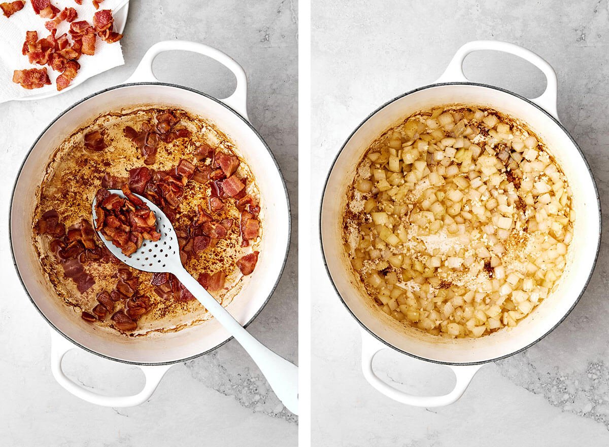 Cooking bacon and onion in a pot.