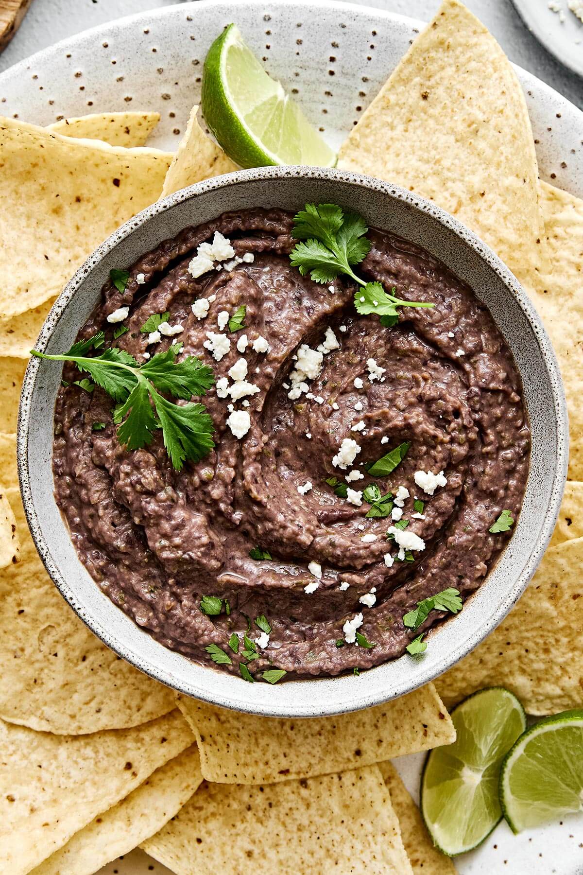 A bowl of black bean dip.