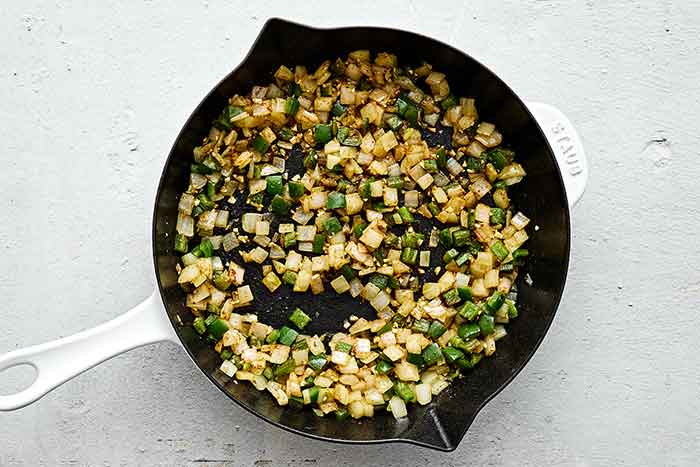 Cooked veggies in a pan.
