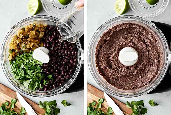 Blending black bean dip in a food processor.