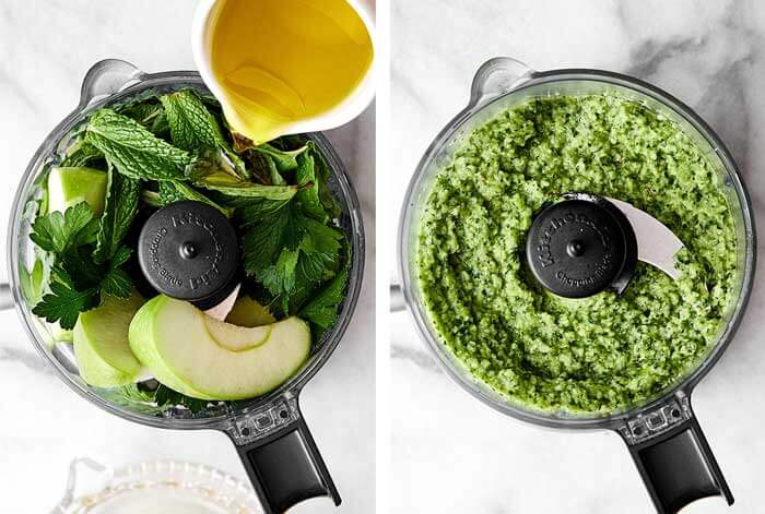 Blending fresh mint apple sauce with a food processor.