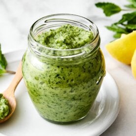 Homemade mint apple sauce in a jar.