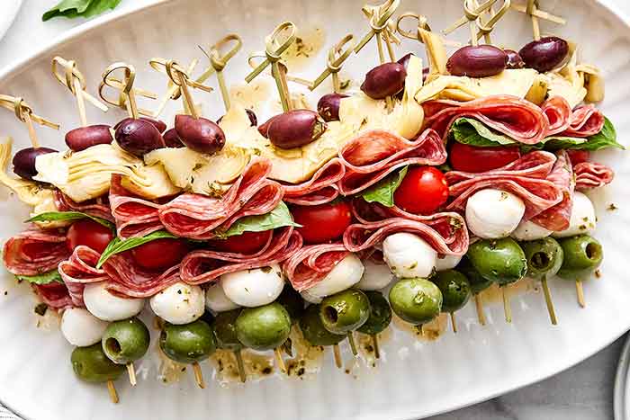 Antipasto skewers for a party.