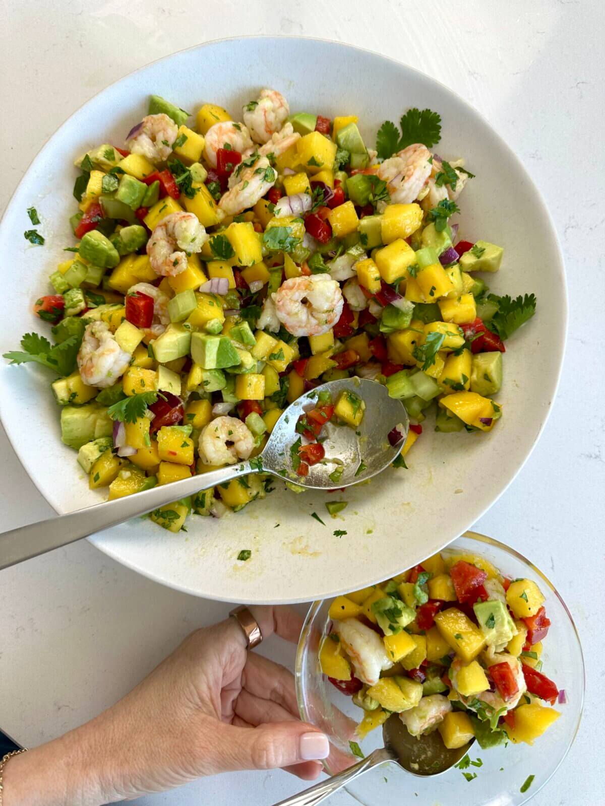 Lisa recipe testing the mango avocado shrimp salad.