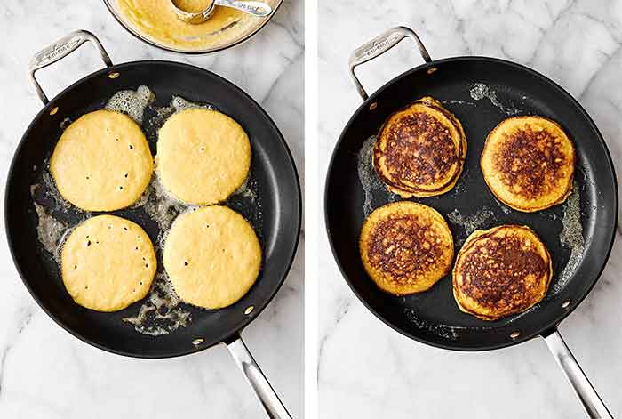 Cooking protein pancakes in a pan.