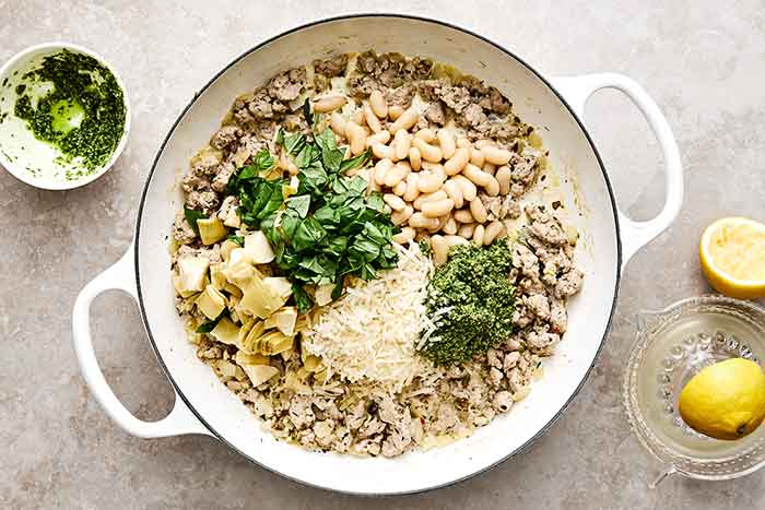 Ground turkey skillet ingredients in pan.