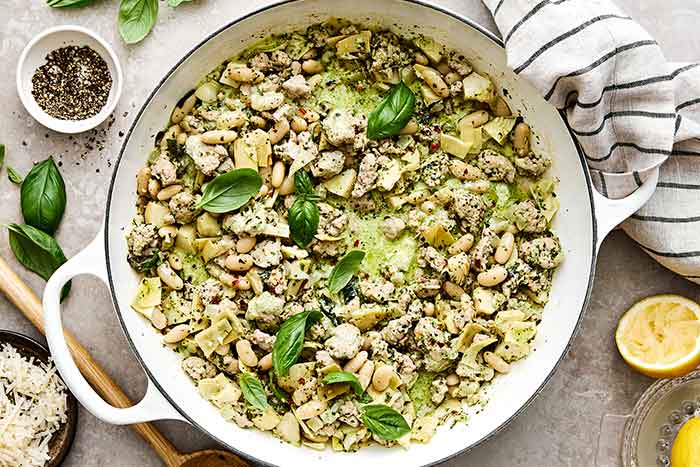 How to make pesto ground turkey skillet.