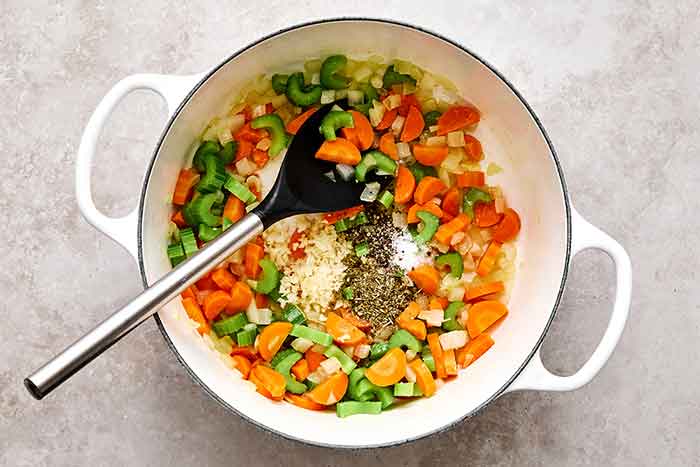 Cooked vegetables in a pot.