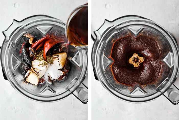 Blended pozole sauce in Vitamix.