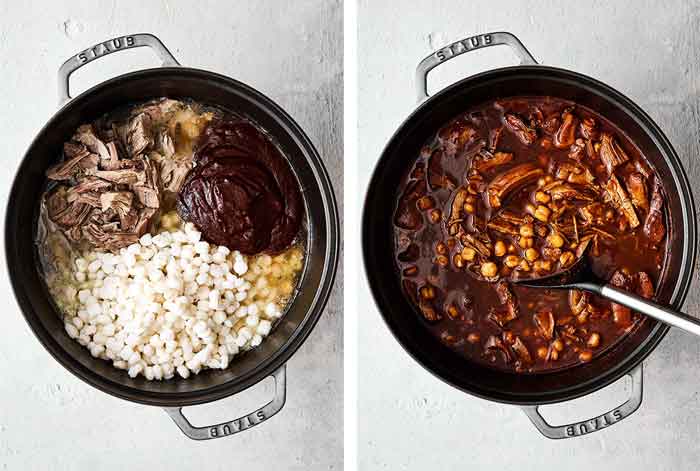 Mixing pozole in pot.