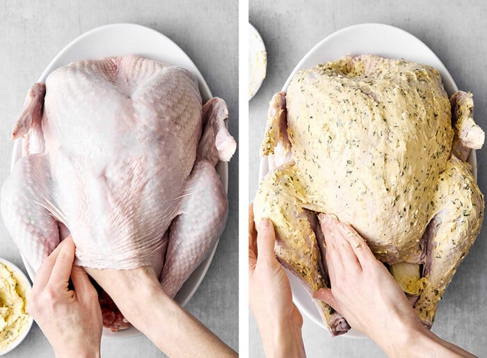 Spreading the herb butter all over the turkey.
