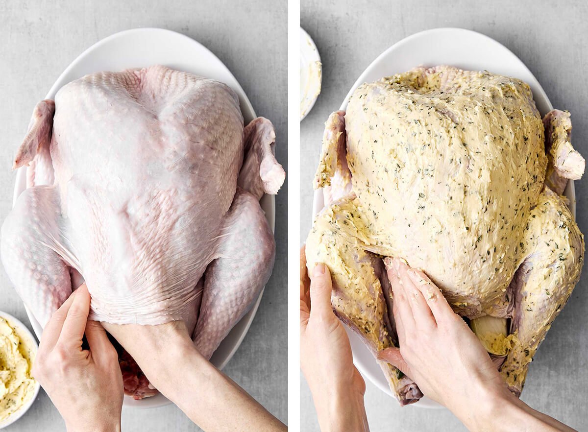 Spreading the herb butter all over the turkey.