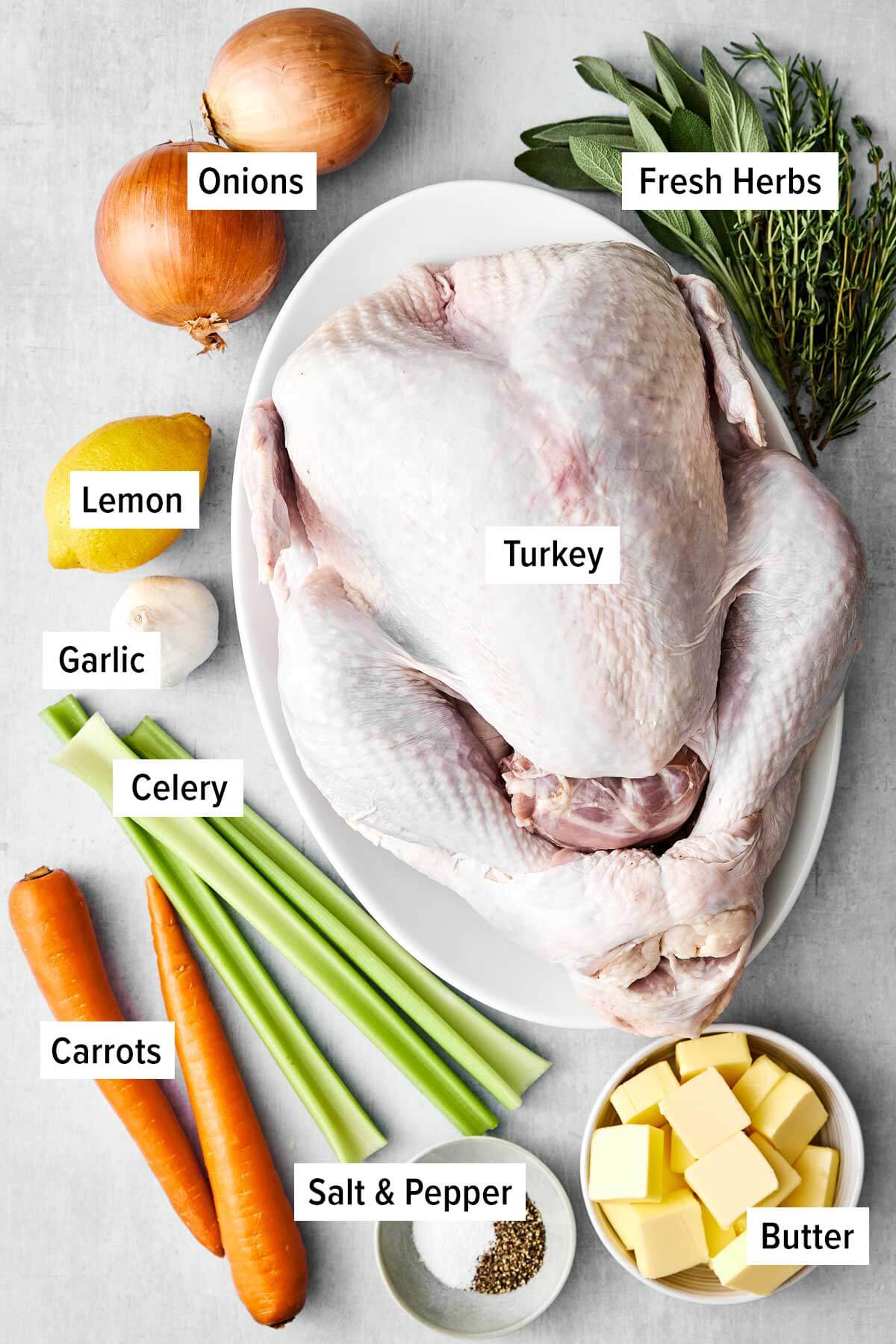 Ingredients for roasted turkey on a table.