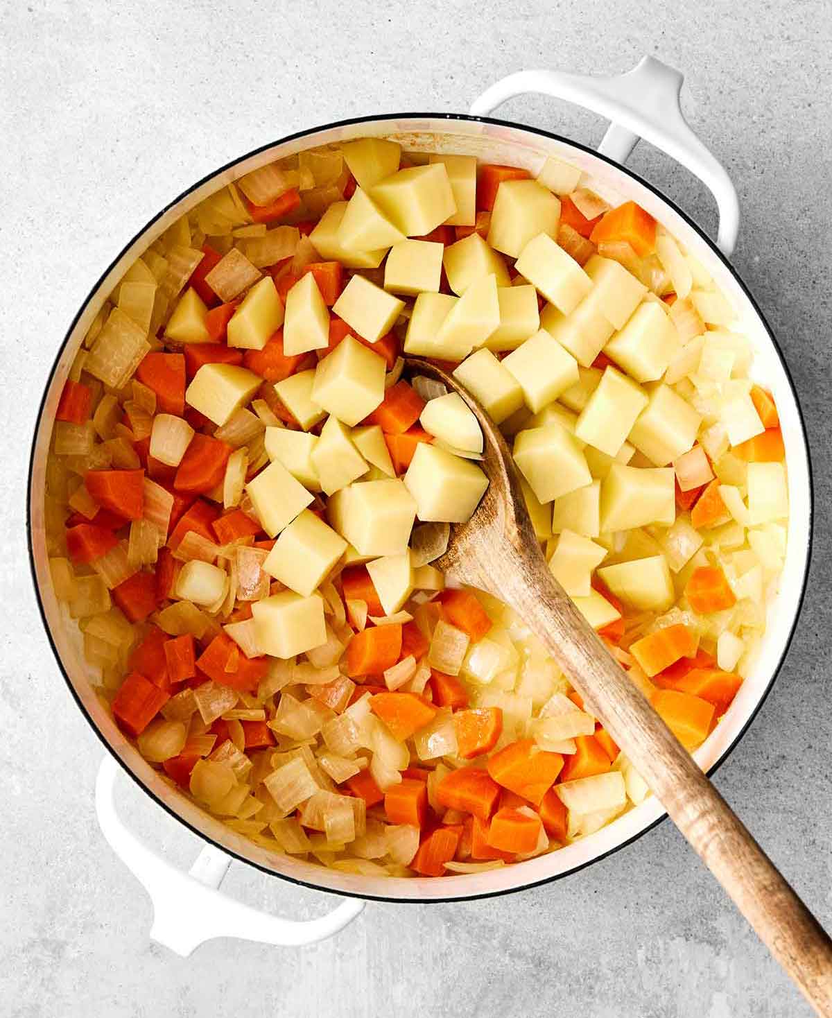 Step one of red lentil soup: cook the vegetables.