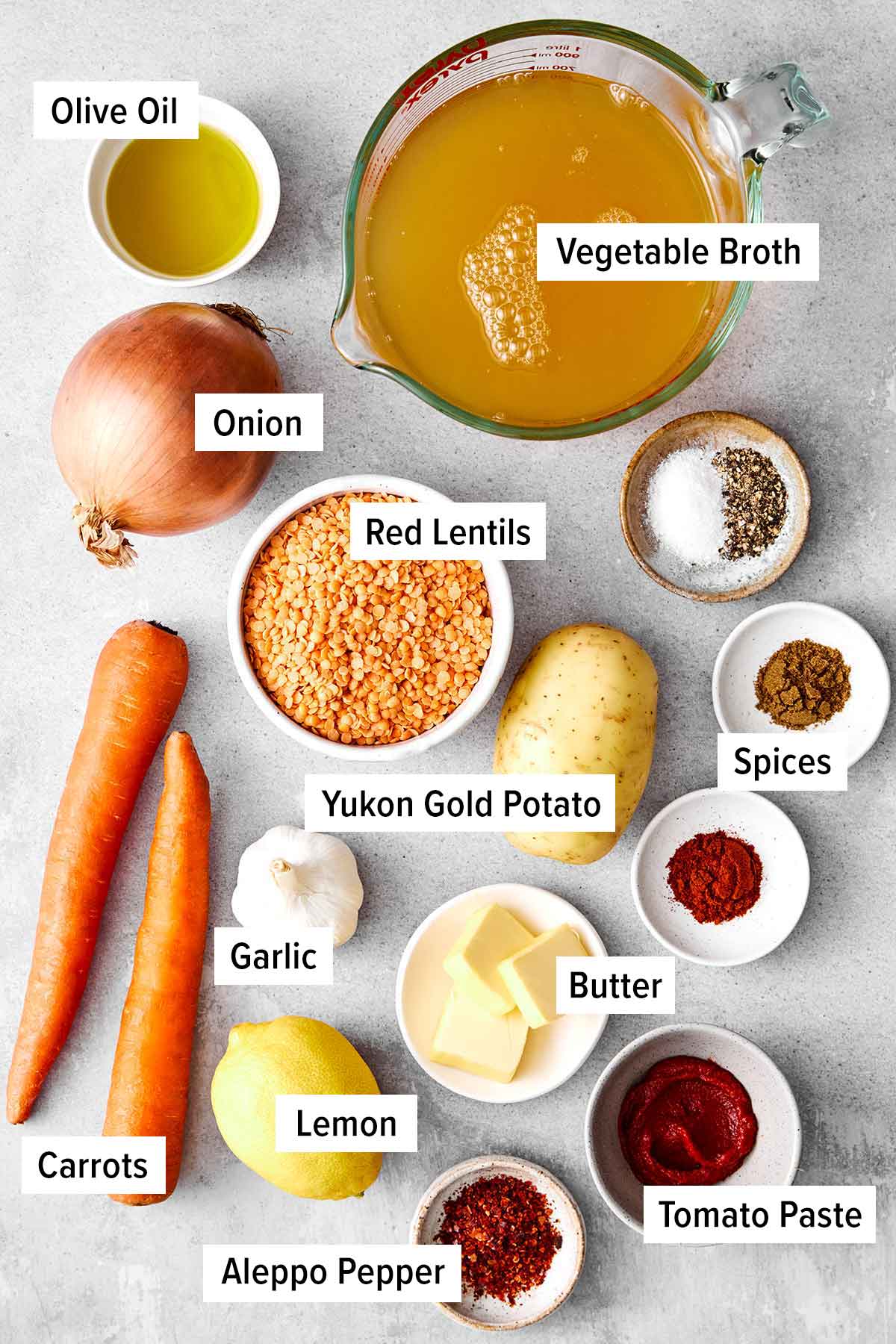 Red lentil soup ingredients.