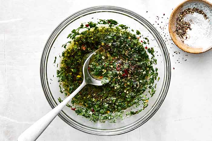 Step four of lamb meatballs: make chimichurri.