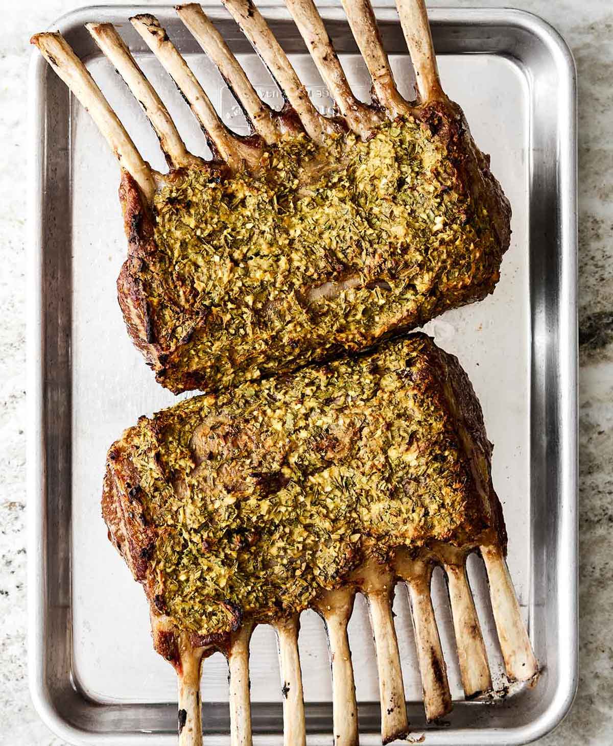 This rack of lamb with a Dijon herb crust will certainly shine at any holiday dinner. Plus, it's a lot easier to make than it looks! Step five of rack of lamb: roast the lamb.