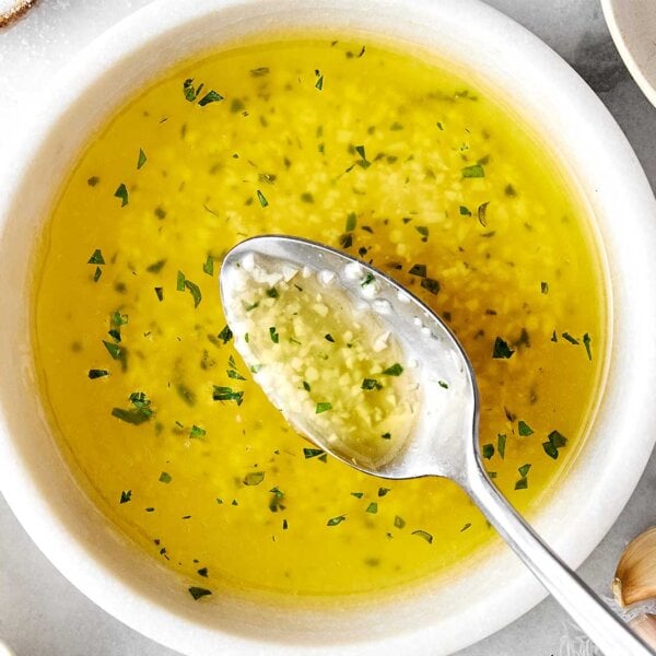 Lemon garlic butter sauce recipe in a bowl.